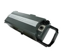 Laser printer toner cartridge with handle, positioned on its side.