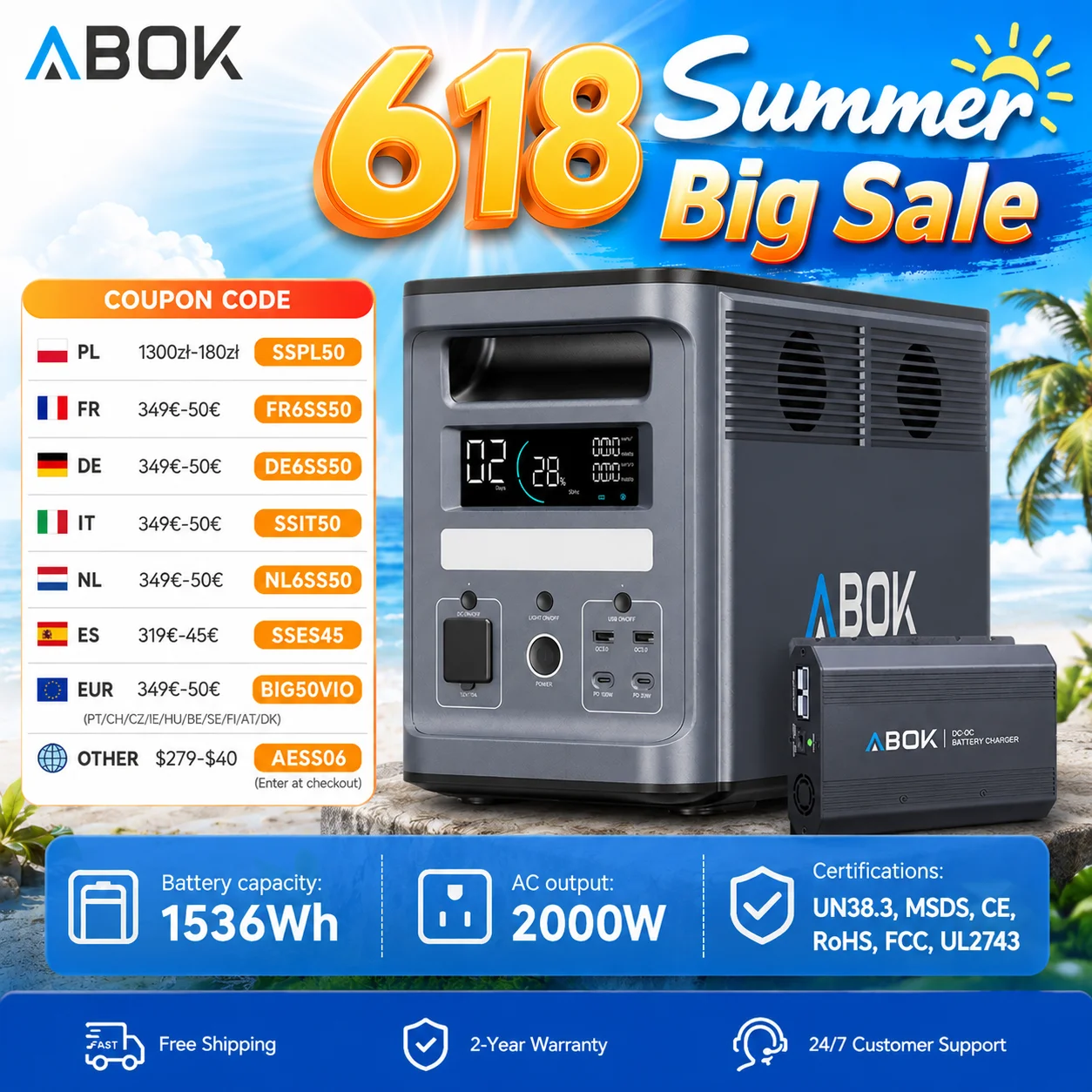 Power Station ABOK Ark2000 1536Wh 2000W AC-zonnegenerator DC-DC-oplader voor thuis, noodgevallen, kamperen buiten, mobiele stroomvoorziening met applicatie