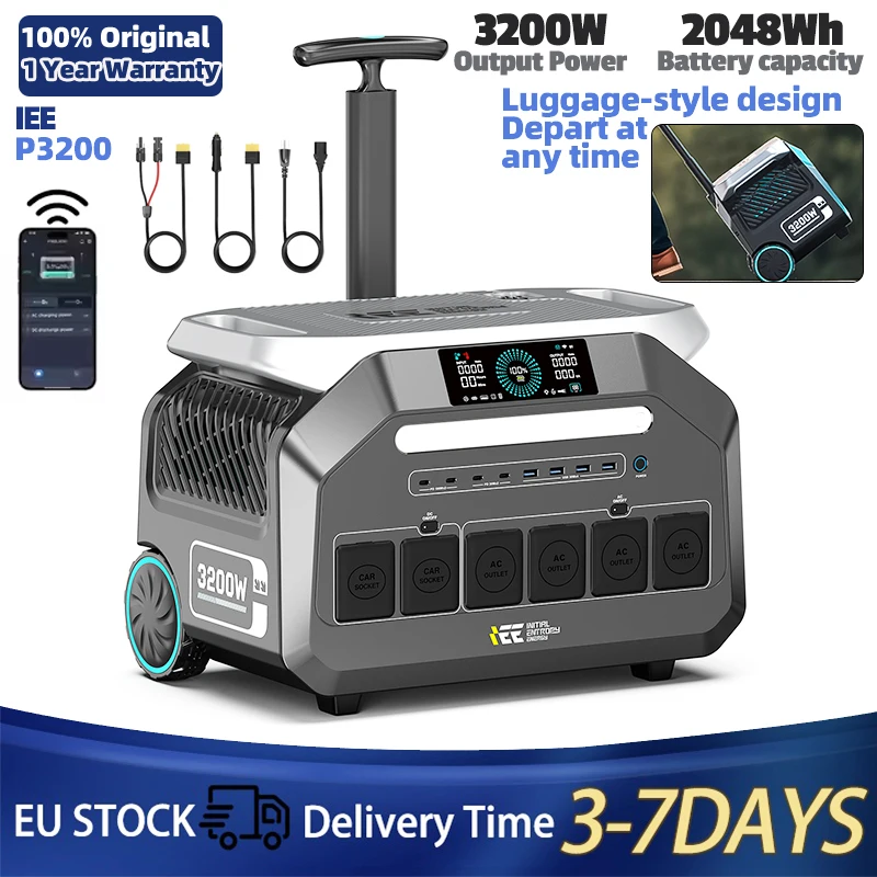 IEE 3200W Draagbare Powerstation Zonnegenerator LiFePO4 Batterij 2048Wh AC V Uitgang Trolley Voor Camperbus Camping Met Mobiele App