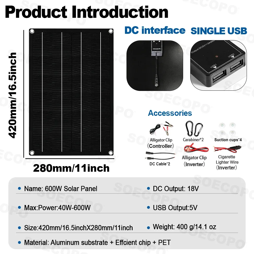 SOECOPO 7000W zonnekit off-grid zonnestelsel complete USB 5V/1.5A 100A controller 2 * zonnepanelen DC 12V - AC 110V/220V omvormer - Afbeelding 2