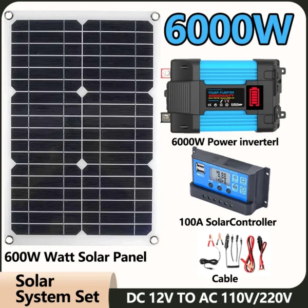 600W Zonnepaneel 6000W Omvormer 12V Naar 110V/220V Zonne-Energie Opwekkingssysteem Home Outdoor Auto Mobiele Telefoon Zonne-Energie Opladen