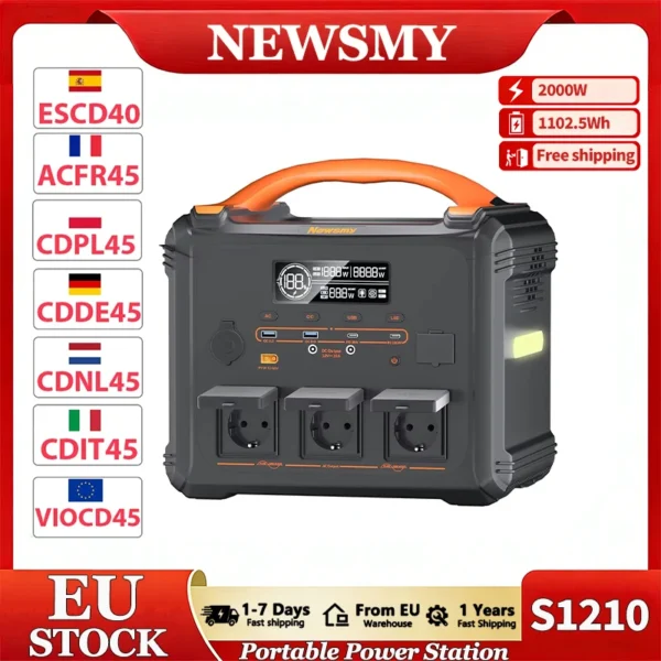 NEWSMY S1210 2000W draagbare krachtcentrale, 3000W piek, 1102,5Wh LiMnFePO₄-batterij, MPPT zonnegenerator 1300W AC snelladen