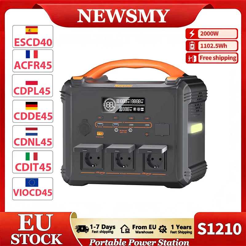 NEWSMY S1210 2000W draagbare krachtcentrale, 3000W piek, 1102,5Wh LiMnFePO₄-batterij, MPPT zonnegenerator 1300W AC snelladen