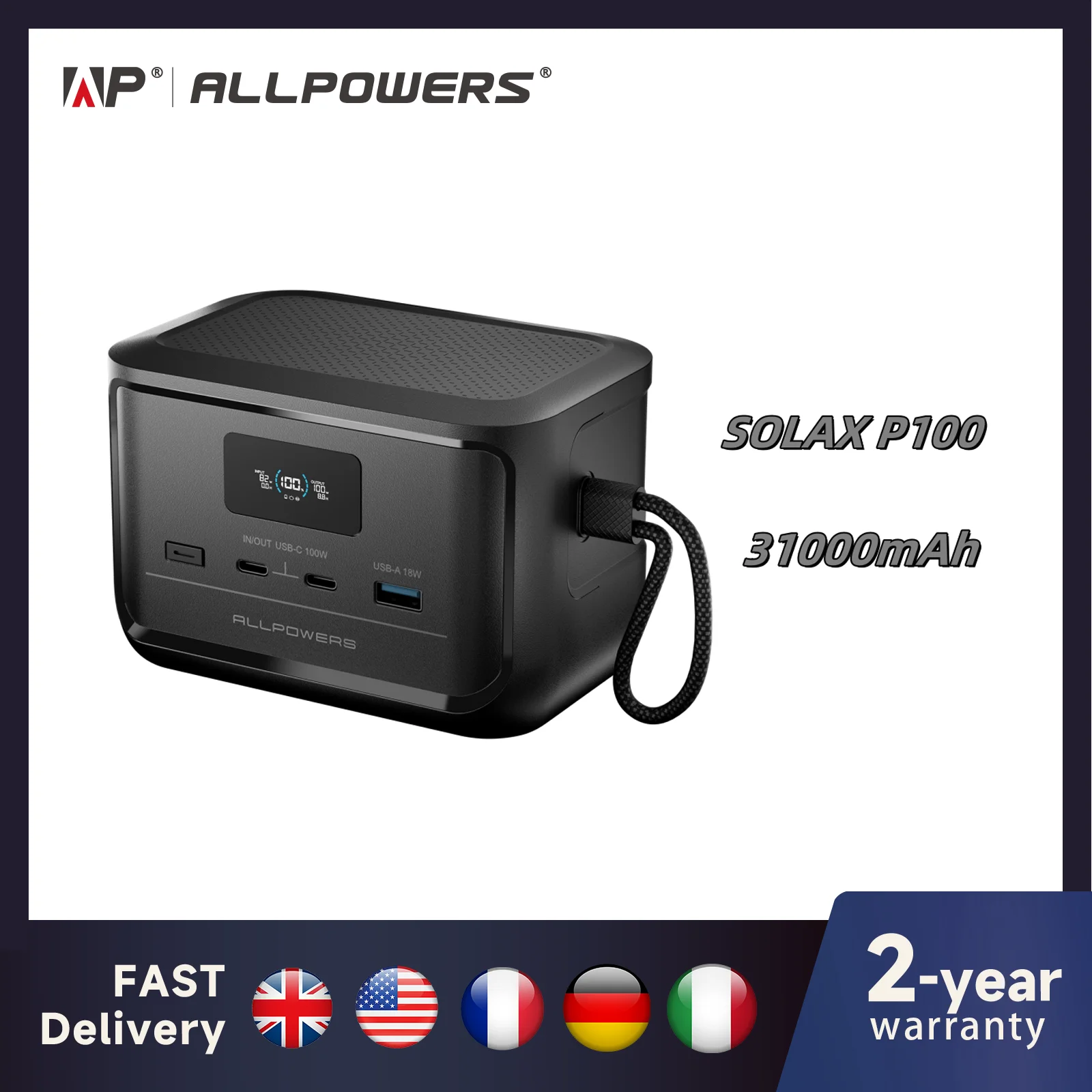 ALLPOWERS SOLAX P100 draagbare powerbank 99,2 Wh 31000 mAh LiFePO4-batterij 128 W USB-uitgang voor buiten kamperen reizen noodgevallen