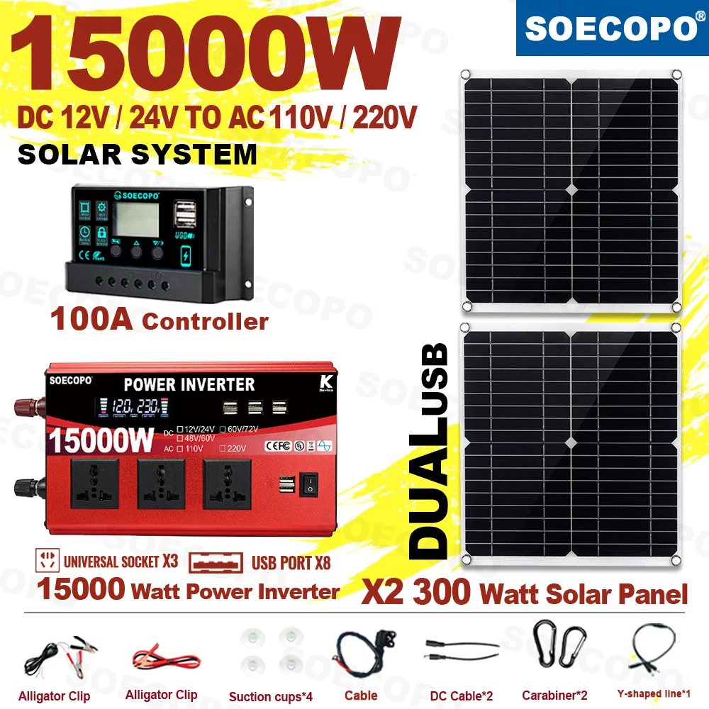 SOECOPO 15000W complete systeemkit 2 * 300W zonnepanelen DC 110V / 220V omvormer en 100A controller voor thuisbalkon krachtcentrale