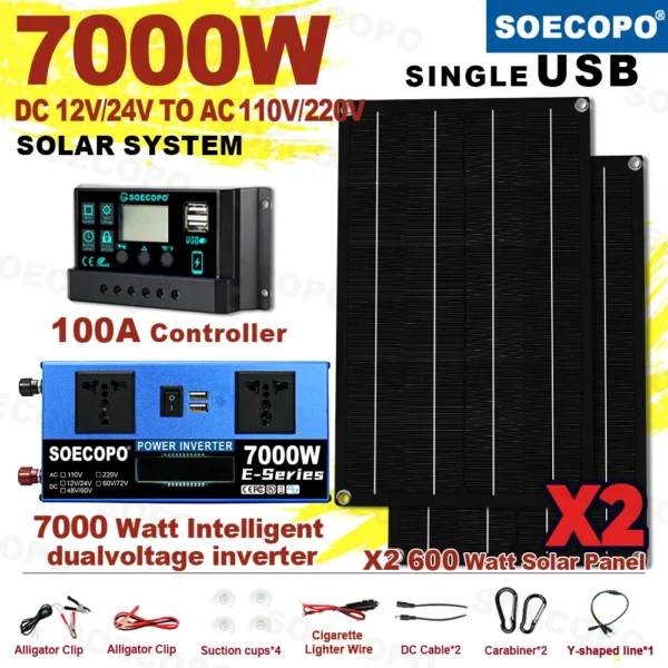 SOECOPO 7000W zonnekit off-grid zonnestelsel complete USB 5V/1.5A 100A controller 2 * zonnepanelen DC 12V - AC 110V/220V omvormer