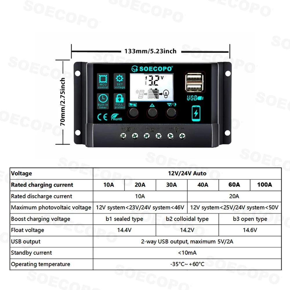 SOECOPO 7000W zonnekit off-grid zonnestelsel complete USB 5V/1.5A 100A controller 2 * zonnepanelen DC 12V - AC 110V/220V omvormer - Afbeelding 3