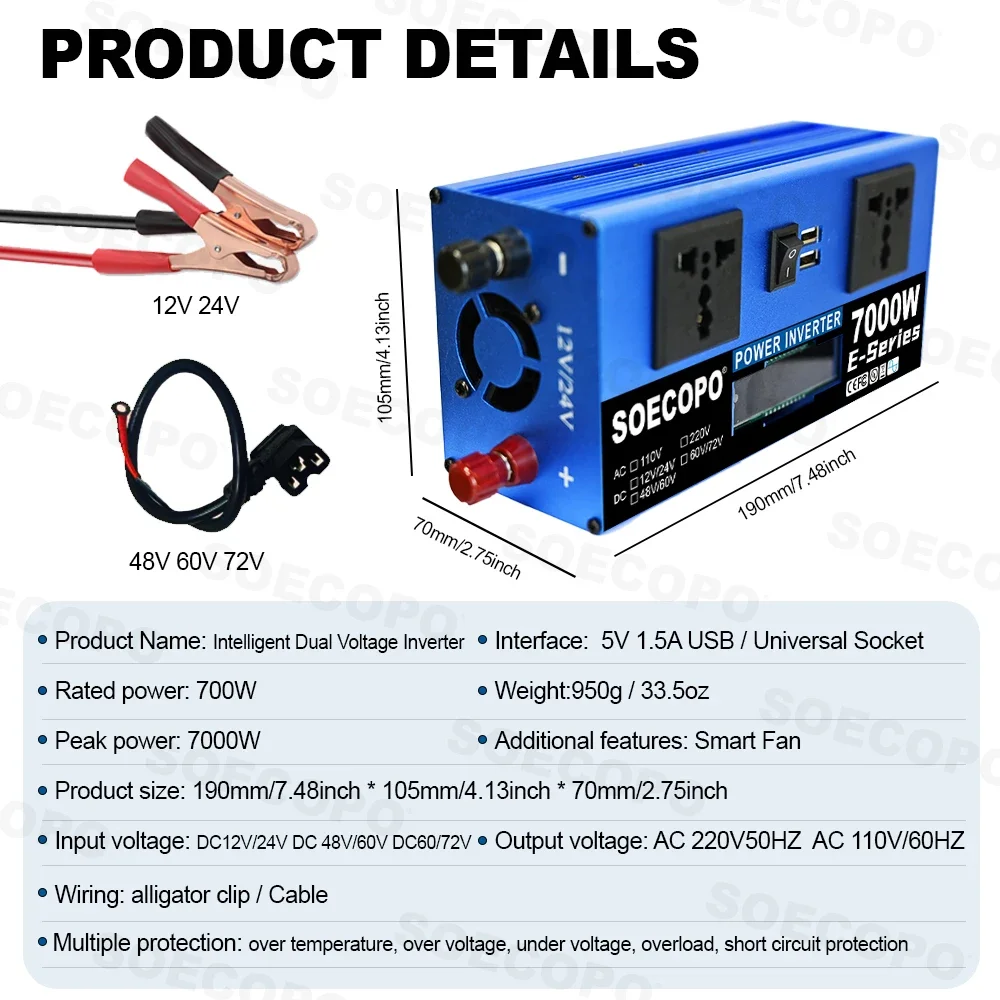 SOECOPO 7000W zonnekit off-grid zonnestelsel complete USB 5V/1.5A 100A controller 2 * zonnepanelen DC 12V - AC 110V/220V omvormer - Afbeelding 4