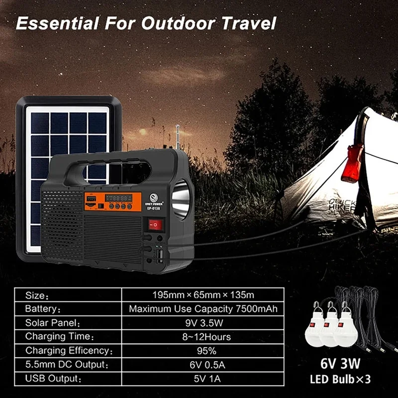 Draagbare zonnepaneel Power Lighting Generator Kit met 3 LED-lampen Outdoor Camping Wandelen Zonne-verlichting Klein huissysteem - Afbeelding 5