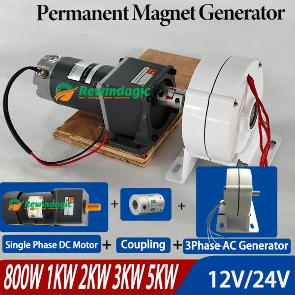 Laagtoerige 3KW 5KW 12V 24V uitvoer 3-fasen alternator permanente magneetgenerator met motor complete set éénfase DC-motor DIY