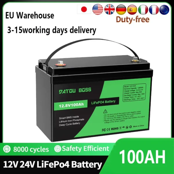 Nieuwe aanvoer EU magazijnvoorraad LiFePO4 12V 100AH batterij met BMS 8000 cycli 100A voor omvormer camper zonne-energiesysteem boot huishoudelijke zonne-energie