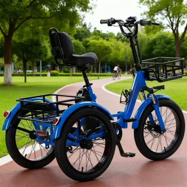 Vouwbare elektrische driewieler met dikke banden, blauw, klein, voor volwassenen, met afneembare accu