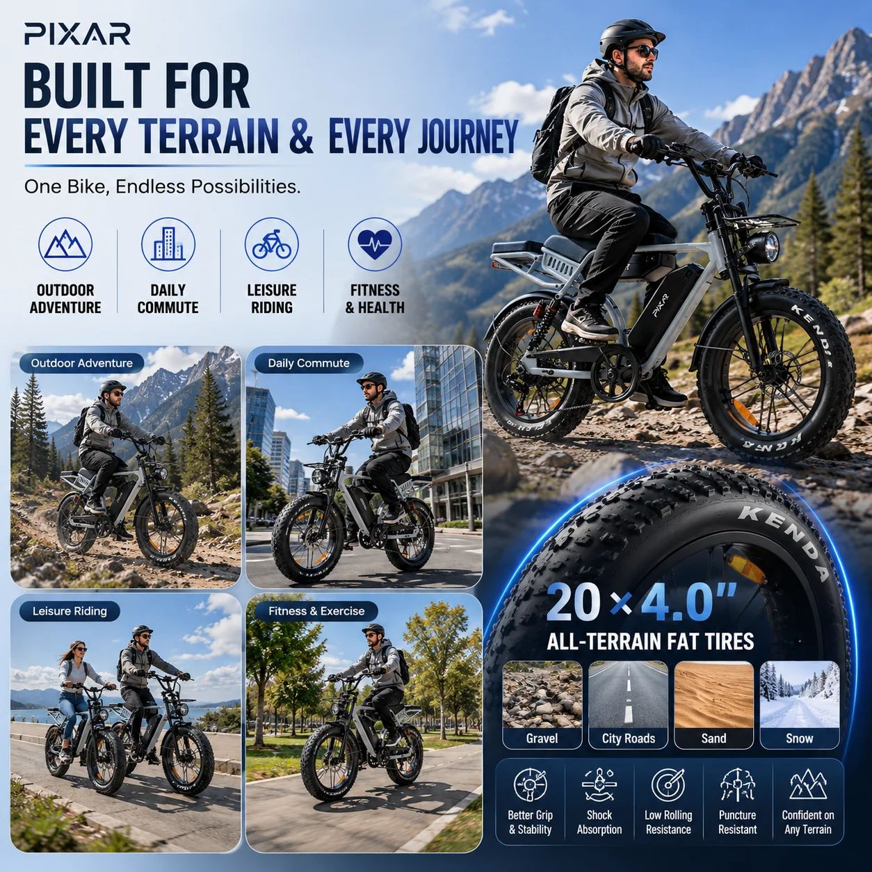 Pixar M9 Offroad Elektrische Fiets, 750W Motor, 48V 35Ah Dubbele Accu, 130 km Langbereik, 20x4,0 inch Dikke Band, Allof-terrein E-Fiets met NFC-kaart Ontgrendeling - Afbeelding 6