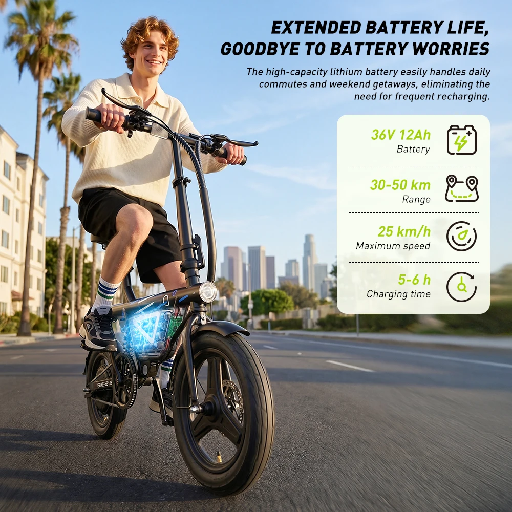 Elektrische fiets 14-inch opvouwbare fiets 250W motor 12Ah accu 30-50km bereik 3 versnellingen Max. snelheid 25km/u Mid Suspension City E-Bike Opvouwbare fiets Elektrische fiets voor volwassenen met APP-bediening City E-Bike - Afbeelding 4
