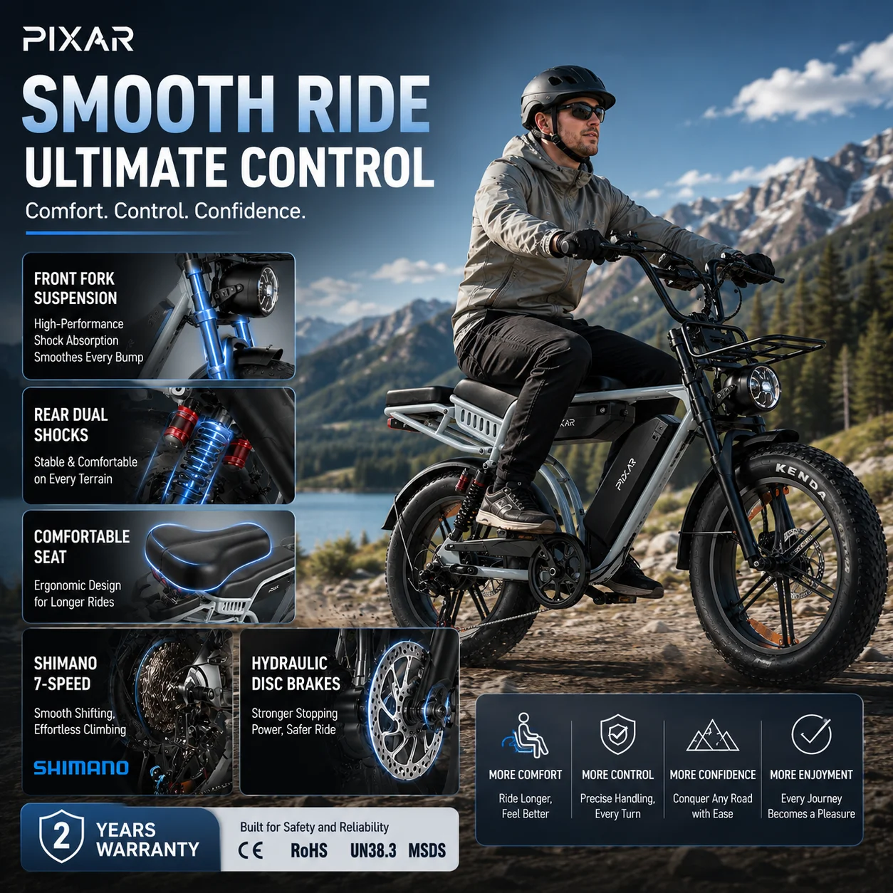 Pixar M9 Offroad Elektrische Fiets, 750W Motor, 48V 35Ah Dubbele Accu, 130 km Langbereik, 20x4,0 inch Dikke Band, Allof-terrein E-Fiets met NFC-kaart Ontgrendeling - Afbeelding 4