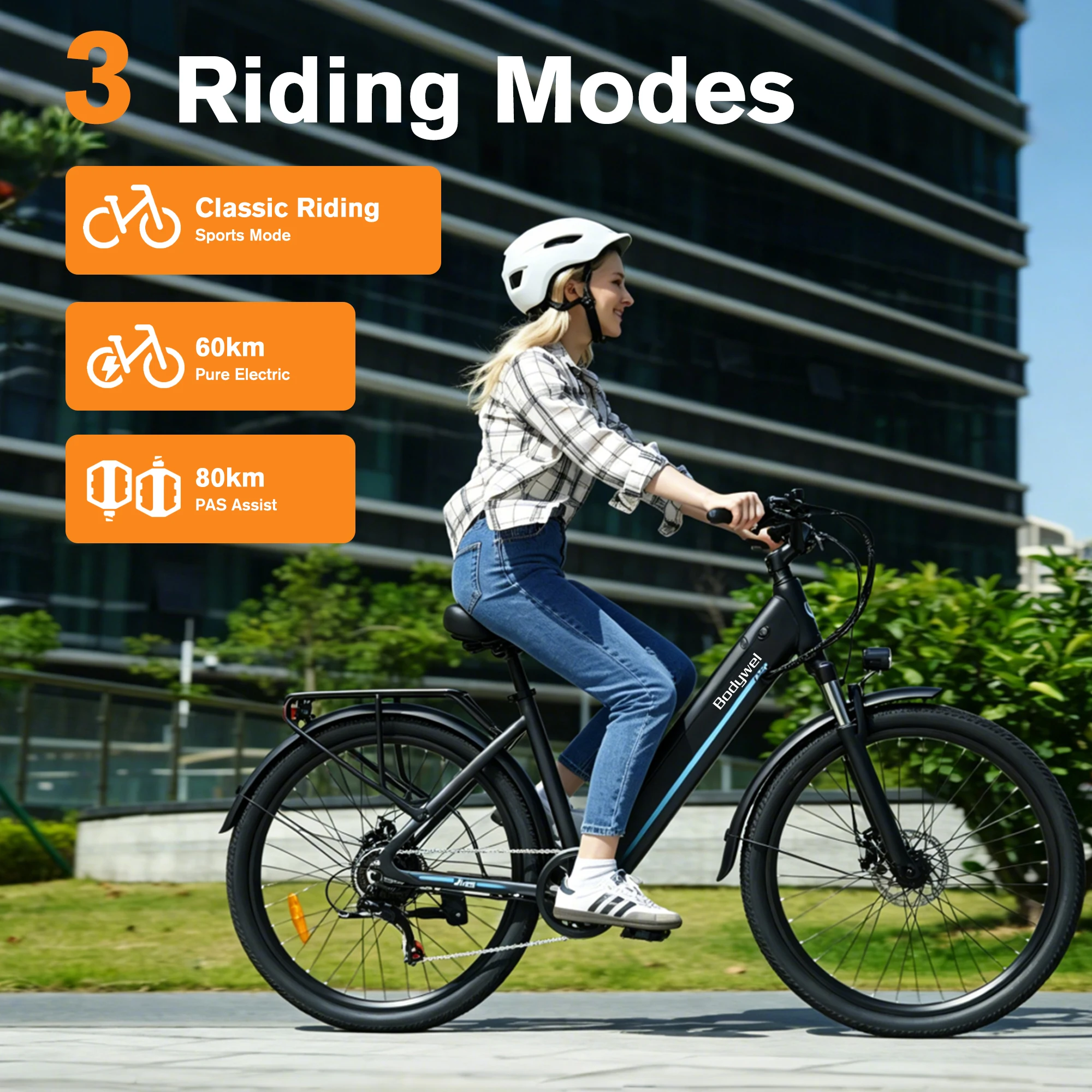 Elektrische fiets Bodywel A26 36V 13Ah uitneembare accu, tot 60 km bereik, 250W motor, 7 versnellingen, instapframe, commuter e-bike voor volwassenen