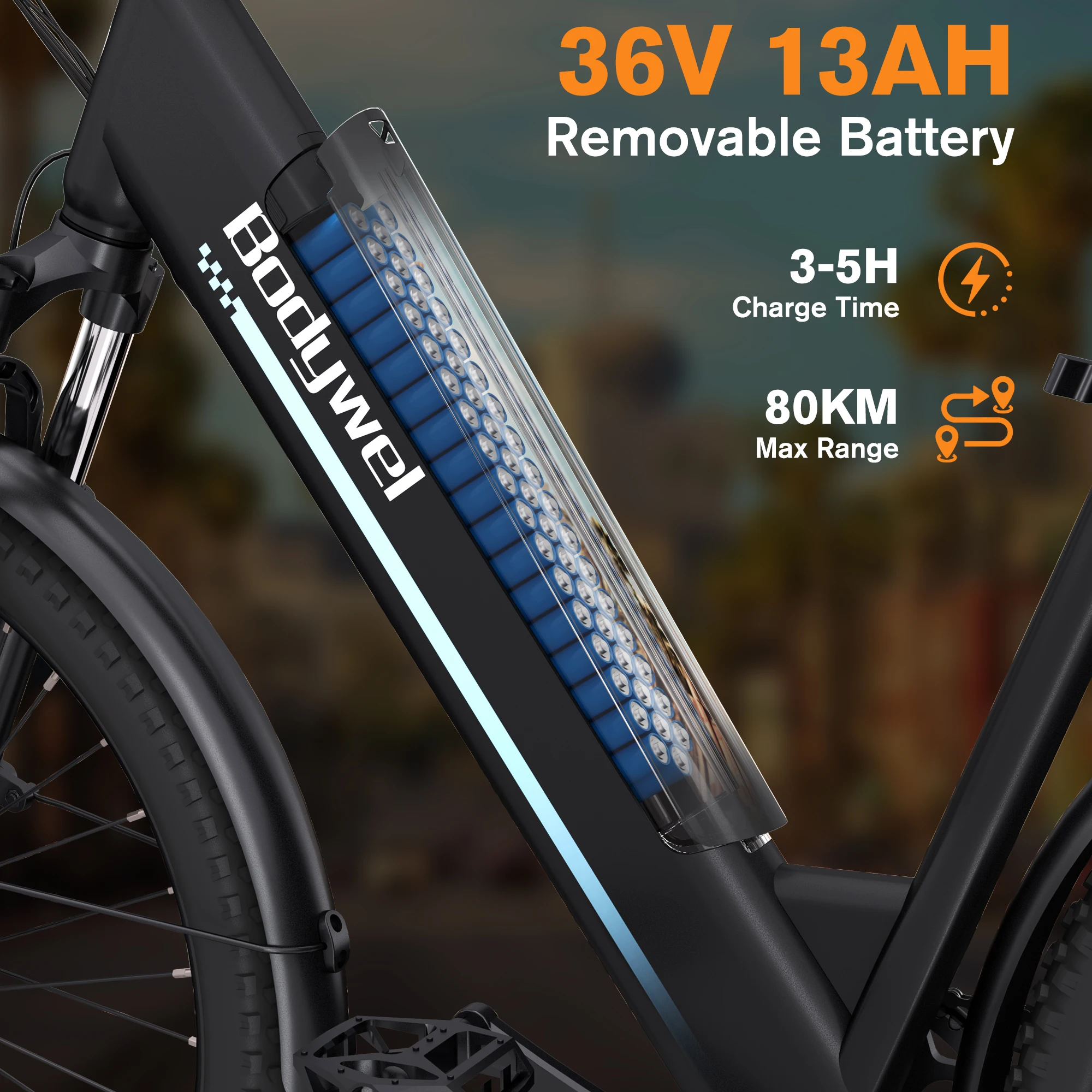 Elektrische fiets Bodywel A26 36V 13Ah uitneembare accu, tot 60 km bereik, 250W motor, 7 versnellingen, instapframe, commuter e-bike voor volwassenen - Afbeelding 3