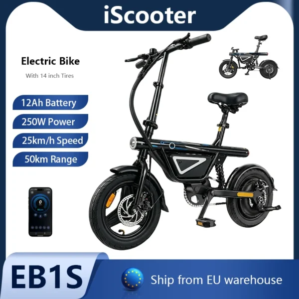 Elektrische fiets 14-inch opvouwbare fiets 250W motor 12Ah accu 30-50km bereik 3 versnellingen Max. snelheid 25km/u Mid Suspension City E-Bike Opvouwbare fiets Elektrische fiets voor volwassenen met APP-bediening City E-Bike