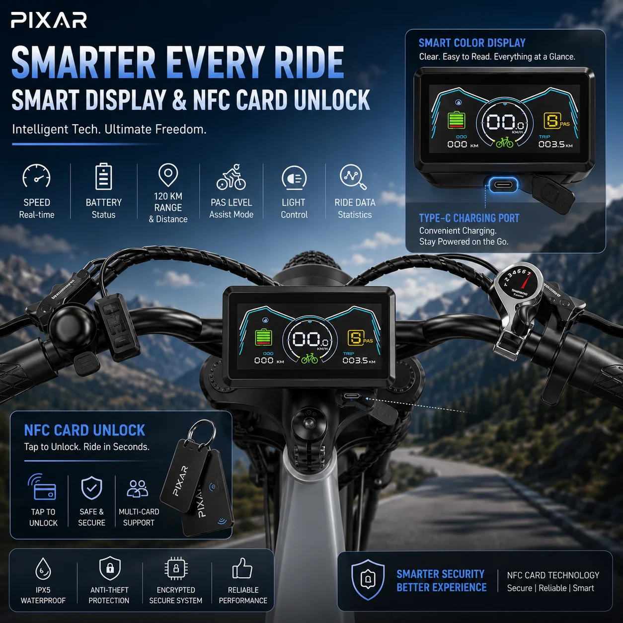 Pixar M9 Offroad Elektrische Fiets, 750W Motor, 48V 35Ah Dubbele Accu, 130 km Langbereik, 20x4,0 inch Dikke Band, Allof-terrein E-Fiets met NFC-kaart Ontgrendeling - Afbeelding 5