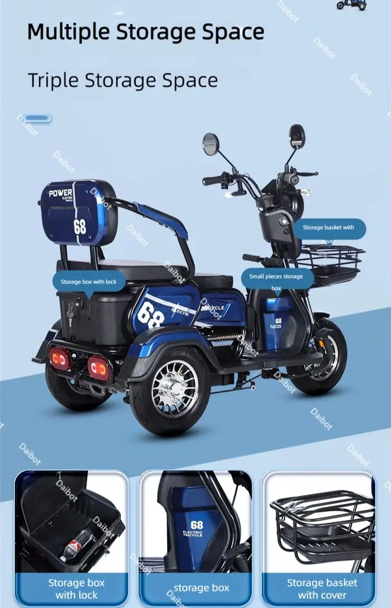 600W 48V elektrische driewieler voor volwassenen met passagiersstoel Familie elektrische scooter 3 wiel voor 2 personen met opslagruimte - Afbeelding 6