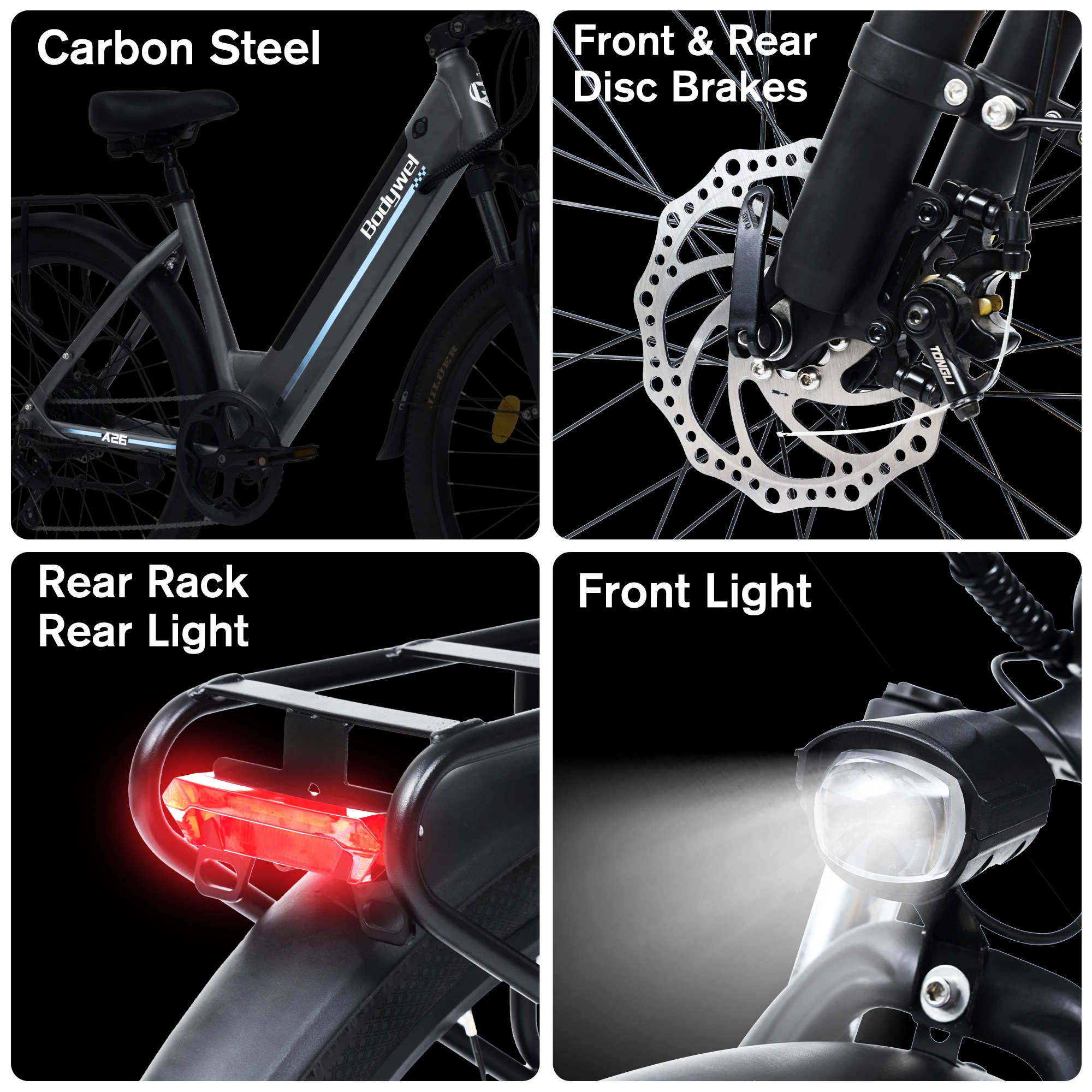 Elektrische fiets Bodywel A26 36V 13Ah uitneembare accu, tot 60 km bereik, 250W motor, 7 versnellingen, instapframe, commuter e-bike voor volwassenen - Afbeelding 7