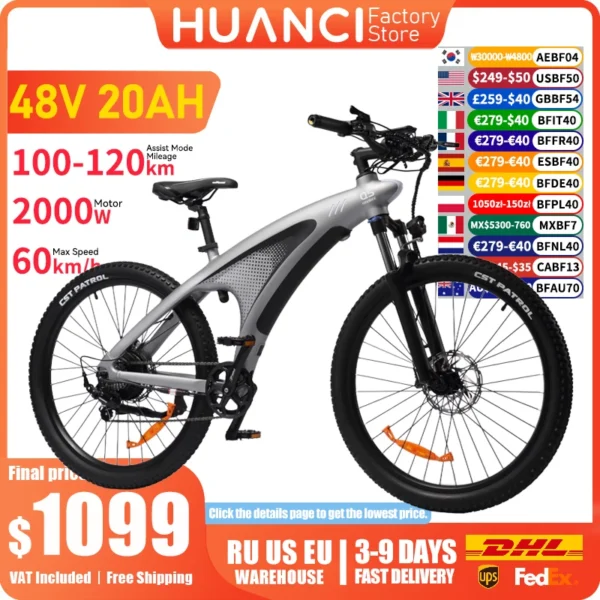 HUANCI Q5 Elektrische Fiets voor Volwassenen 2000W Off-road Banden E-bike 48V 20Ah Batterij 60KM/H Elektrische Fiets voor woon-werkverkeer Lange Afstand
