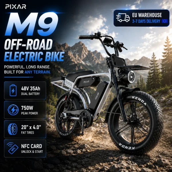 Pixar M9 Offroad Elektrische Fiets, 750W Motor, 48V 35Ah Dubbele Accu, 130 km Langbereik, 20x4,0 inch Dikke Band, Allof-terrein E-Fiets met NFC-kaart Ontgrendeling