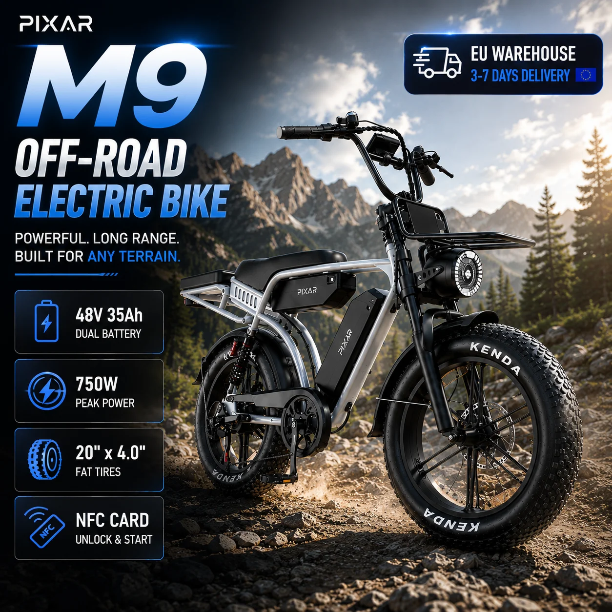 Pixar M9 Offroad Elektrische Fiets, 750W Motor, 48V 35Ah Dubbele Accu, 130 km Langbereik, 20x4,0 inch Dikke Band, Allof-terrein E-Fiets met NFC-kaart Ontgrendeling