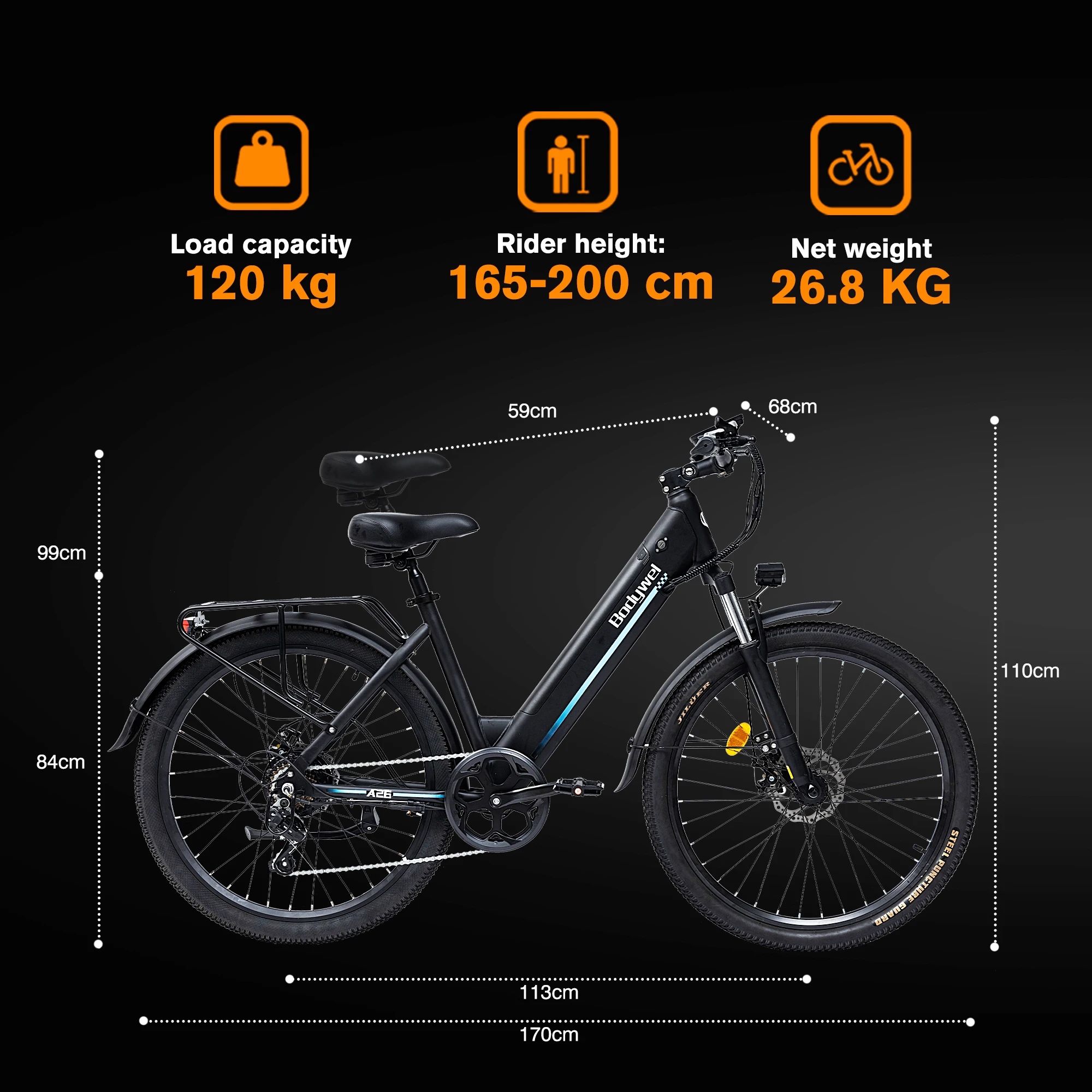 Elektrische fiets Bodywel A26 36V 13Ah uitneembare accu, tot 60 km bereik, 250W motor, 7 versnellingen, instapframe, commuter e-bike voor volwassenen - Afbeelding 8