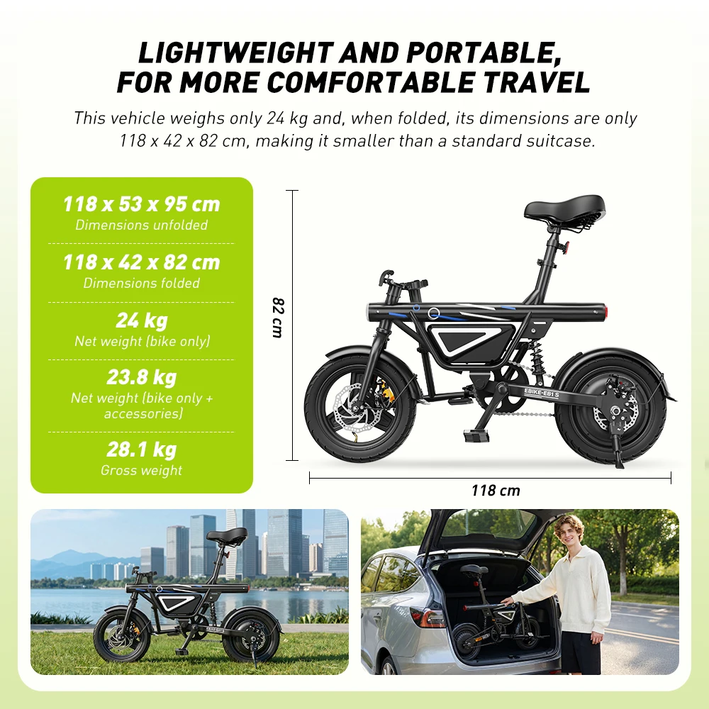 Elektrische fiets 14-inch opvouwbare fiets 250W motor 12Ah accu 30-50km bereik 3 versnellingen Max. snelheid 25km/u Mid Suspension City E-Bike Opvouwbare fiets Elektrische fiets voor volwassenen met APP-bediening City E-Bike - Afbeelding 5