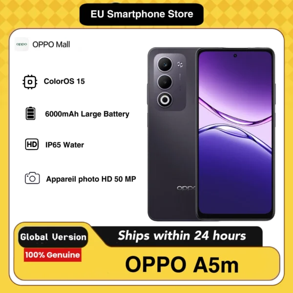 OPPO A5M 4G AI-telefoon, 8GB+256GB LTE, wereldwijde versie, ontgrendeld, met ColorOS 15 systeem, uitgerust met een grote 6000mAh batterij, zonder opladeradapter.
