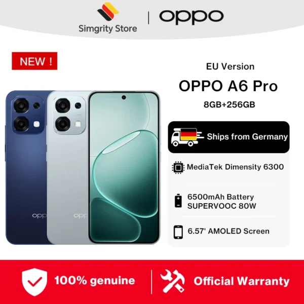 EU-versie OPPO A6 Pro 5G-smartphone 8 GB + 256 GB, 6500 mAh + 80 W SUPERVOOC, MediaTek Dimensity 6300, 120 Hz AMOLED ultrahelder scherm, 50 MP AI-hoofdcamera IP69