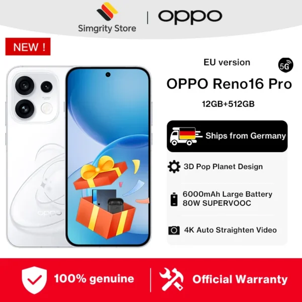 EU-versie smartphone OPPO Reno16 Pro 5G 12 GB + 512 GB AI Remix Collage 4K automatische videocorrectie 6000 mAh 80 W 6,32-inch scherm 50 MP-camera officiële garantie