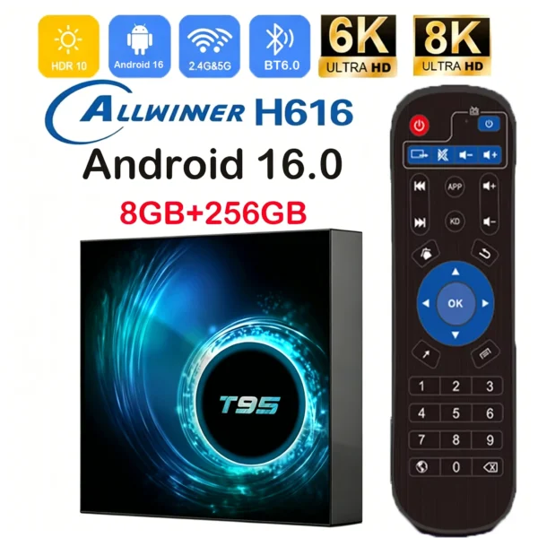 Android16 Smart TV Box T95 Allwinnerh616 Mediaspeler 8GB + 256GB Dual WiFi Bluetooth 6.0 Afstandsbediening Ondersteuning Google Voice Set Top Box