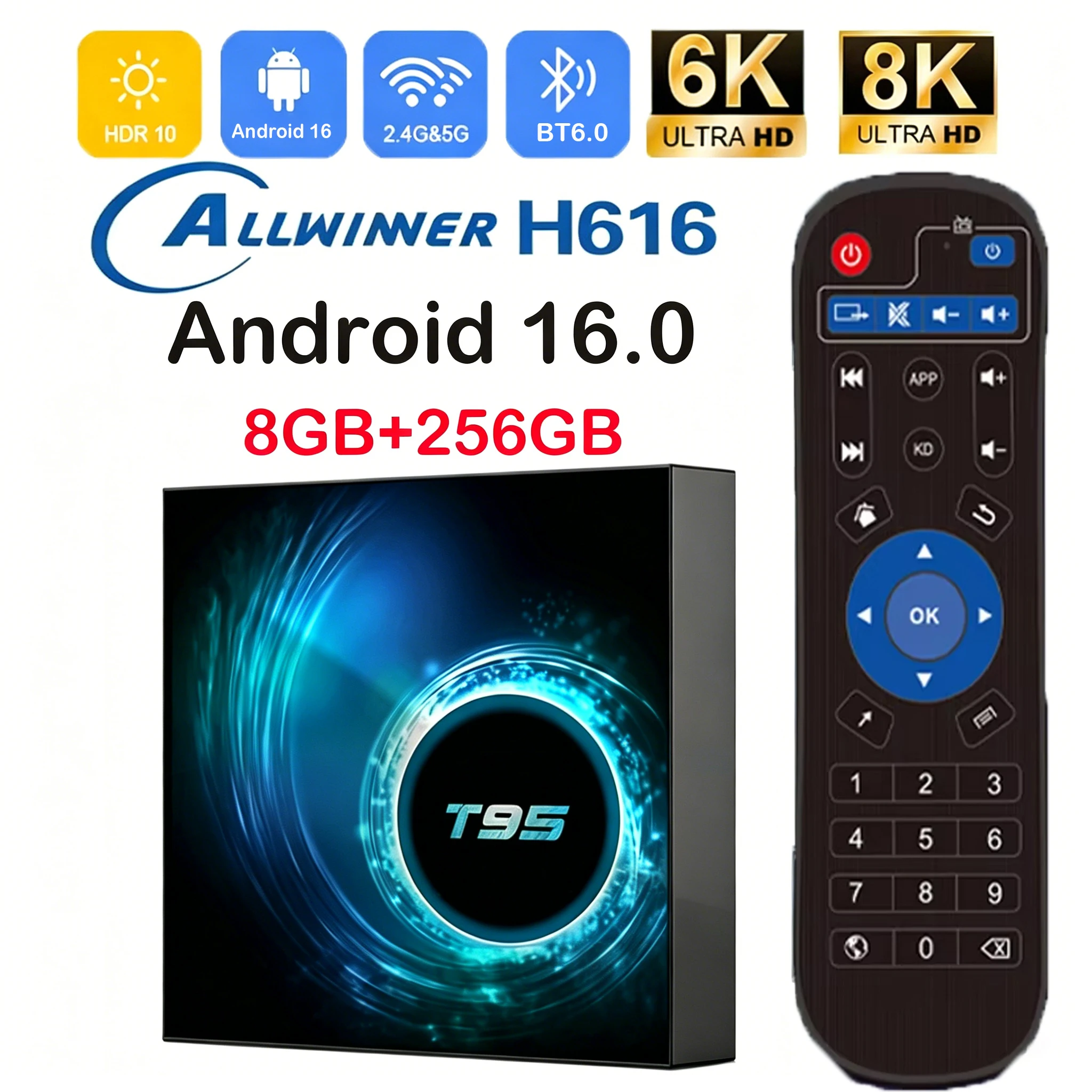 Android16 Smart TV Box T95 Allwinnerh616 Mediaspeler 8GB + 256GB Dual WiFi Bluetooth 6.0 Afstandsbediening Ondersteuning Google Voice Set Top Box