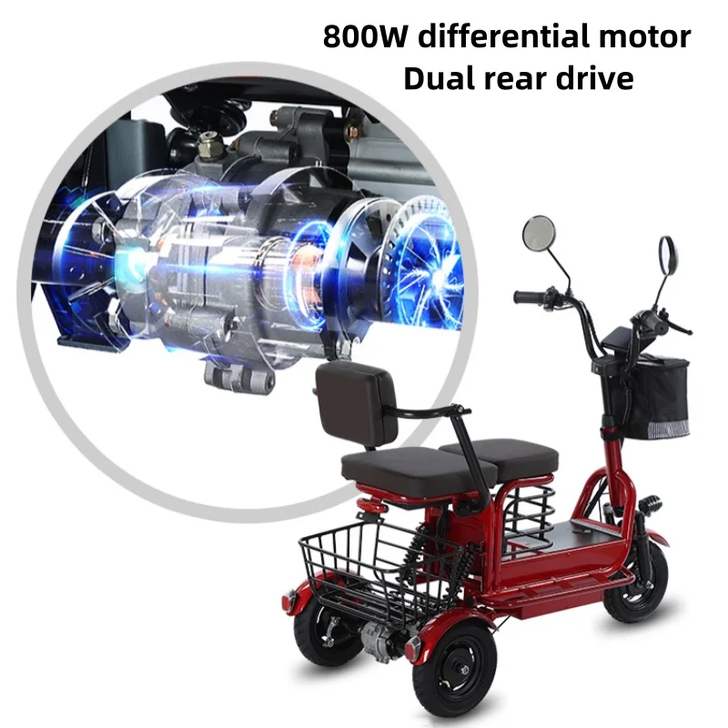 Krachtige ouder-kind elektrische driewieler voor ouderen, 2-zits, 800W accu, uitneembaar, lange actieradius, elektrische scooter, 60KM - Afbeelding 6