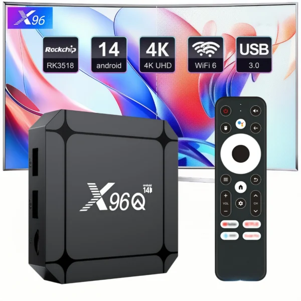 X96Q Android 14.0 TV Box RK3518 Quad Core WiFi 6 Bluetooth 5.0 4K Ultra HD Smart Media Player USB 3.0 H.265 HDR10 Set Top Box