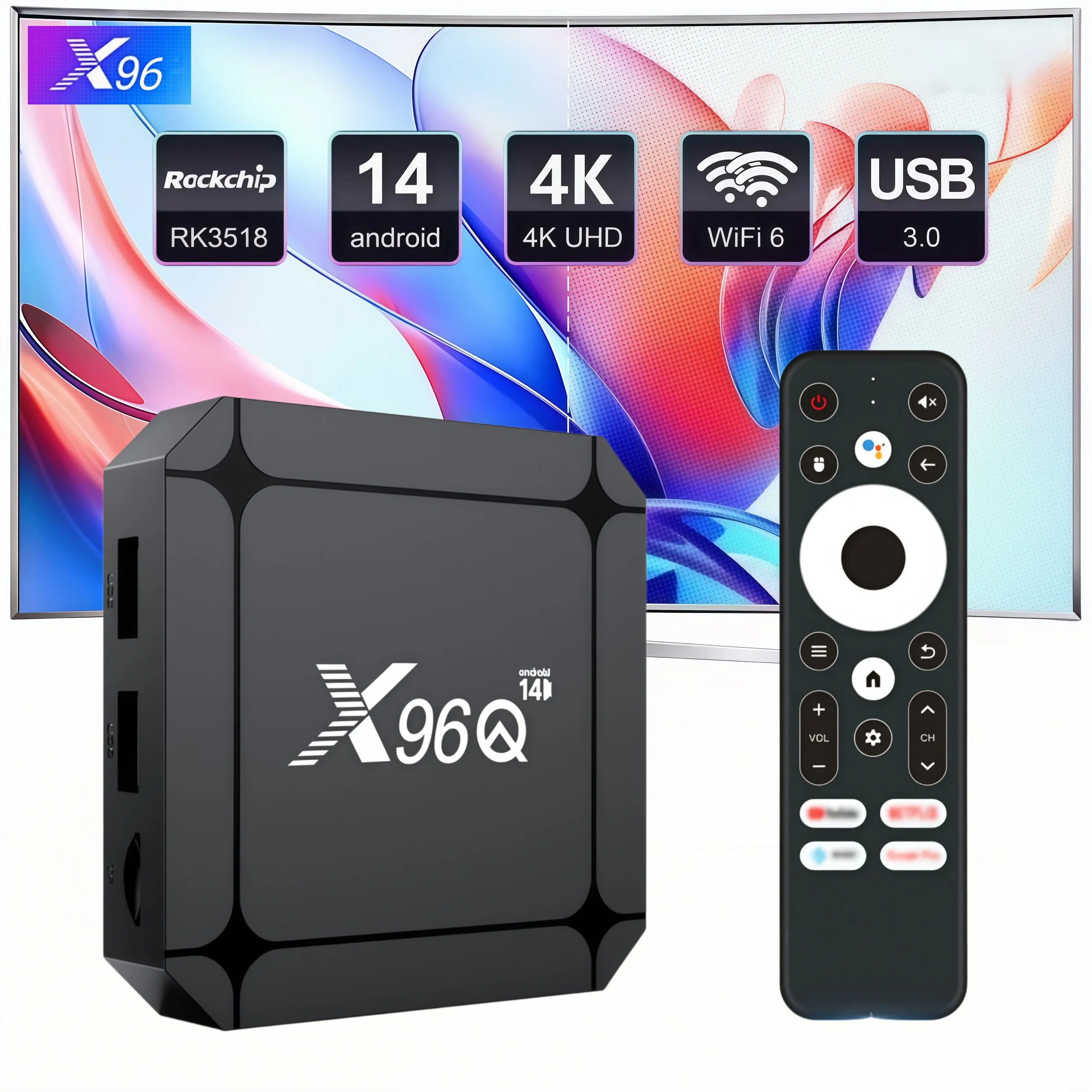 X96Q Android 14.0 TV Box RK3518 Quad Core WiFi 6 Bluetooth 5.0 4K Ultra HD Smart Media Player USB 3.0 H.265 HDR10 Set Top Box
