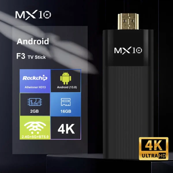 Ultra HD 4K Android TV Stick MX10-F3 Stick Mini Home TV Stick H313 Quad Core Ondersteuning 2.4/5G Dual Wifi 2GB RAM 16GB ROM
