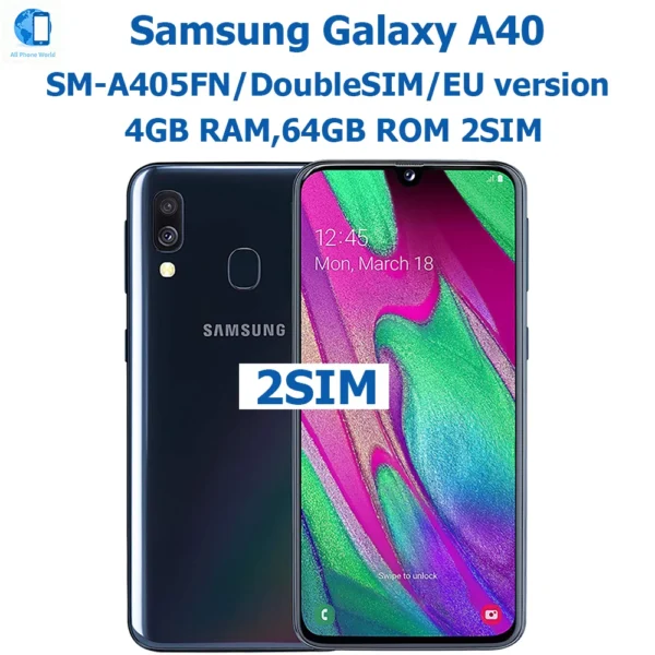 Samsung Galaxy A40 Smart Android-telefoon Algemene versie 5,9-inch AMOLED 1080 * 2340 25MP Samsung Smartphone 3100mAh Ontgrendeling