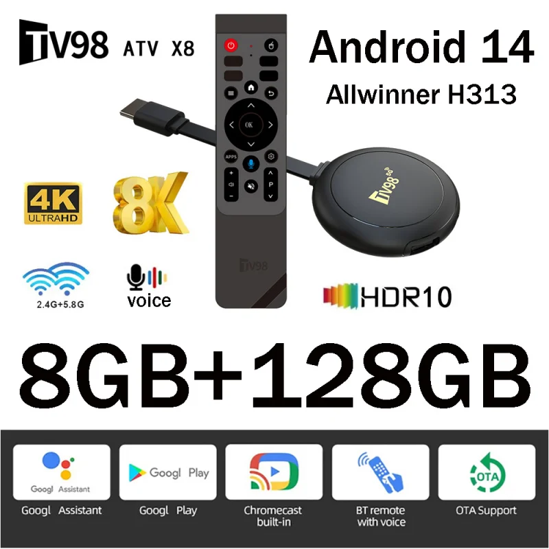 TV98 ATV X8 Smart TV Stick iptv Allwinner H313 quad-core 4G 5G Dual Wifi HD 8K 4K BT 5.0 8GB 128GB Voice Afstandsbediening Android 14