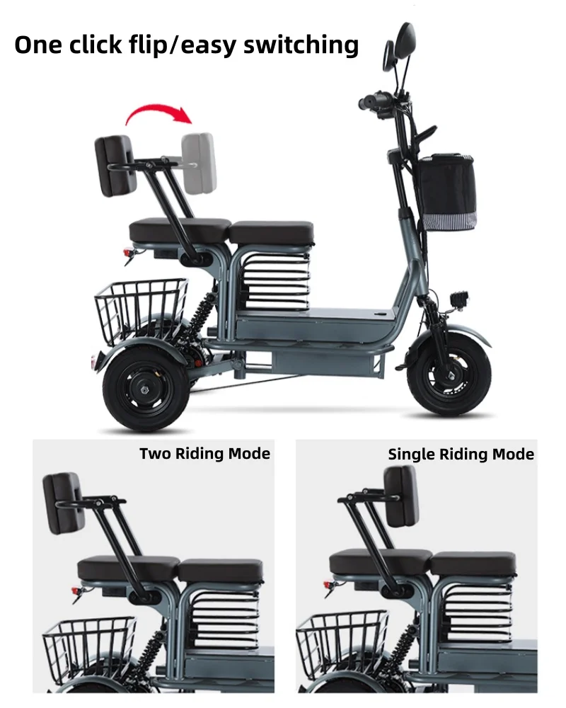 Krachtige ouder-kind elektrische driewieler voor ouderen, 2-zits, 800W accu, uitneembaar, lange actieradius, elektrische scooter, 60KM - Afbeelding 4