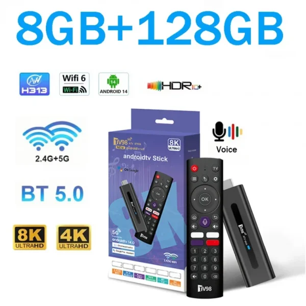 TV98 ATV Stick Android 14 BT 5.0 Allwinner H313 Quad Core 4G 5G Dual WiFi Spraakafstandsbediening HD 8K 4K @60fps TV Stick 8GB 128GB IPTV