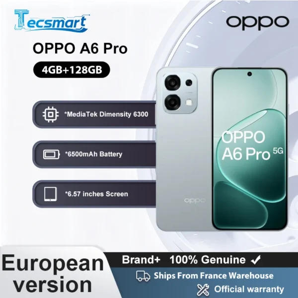 Smartphone - OPPO A6 Pro 5G, 8 GB + 256 GB, EU-versie, 6500 mAh 80 W, MTk Dimensity 6300, 120 Hz AMOLED ultrahelder scherm, 50 MP AI-hoofdcamera IP69