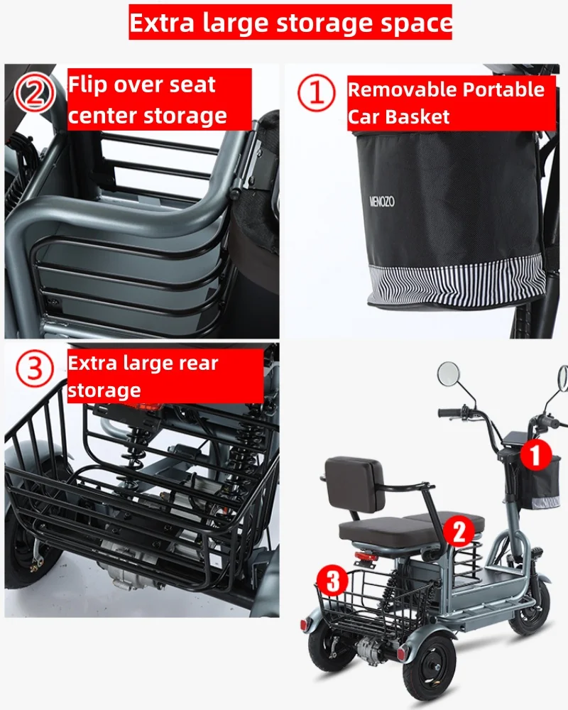 Krachtige ouder-kind elektrische driewieler voor ouderen, 2-zits, 800W accu, uitneembaar, lange actieradius, elektrische scooter, 60KM - Afbeelding 5