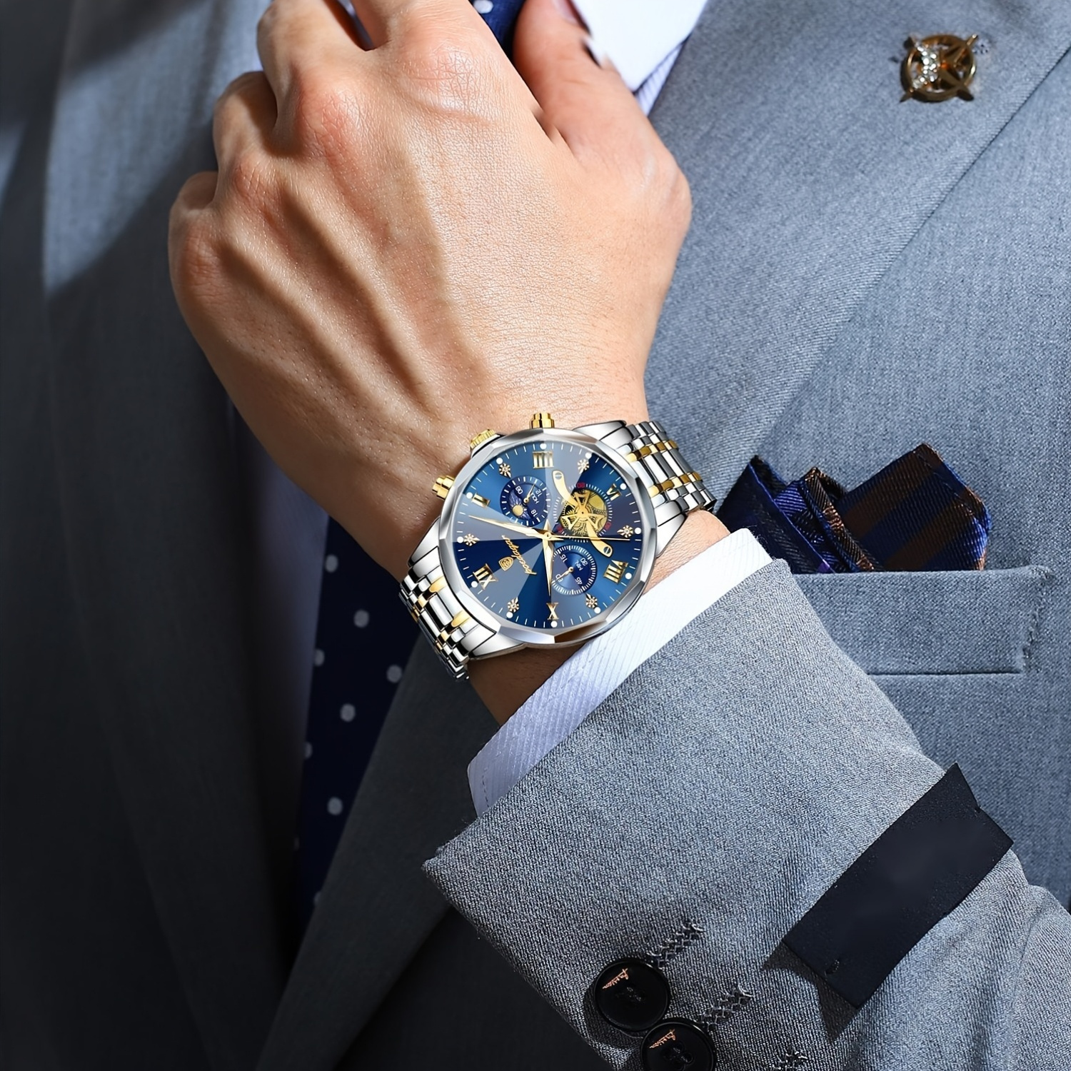 Luxe Stalen Band Herenhorloge Lichtgevend Waterdicht Chronograaf Dag En Nacht Display Heren Polshorloge - Afbeelding 9