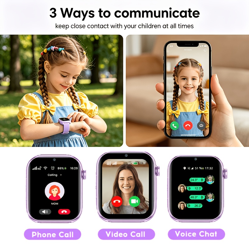Kinder Smartwatch 4G Smartwatch LTE, GPS-tracker, Videogesprek, SOS-knop, Spraakchat, Schoolmodus, Stappenteller, Wekker, Spelletjes, Roze, Paars, Blauw, Zwart, Cadeau voor Meisjes Jongens - Afbeelding 6