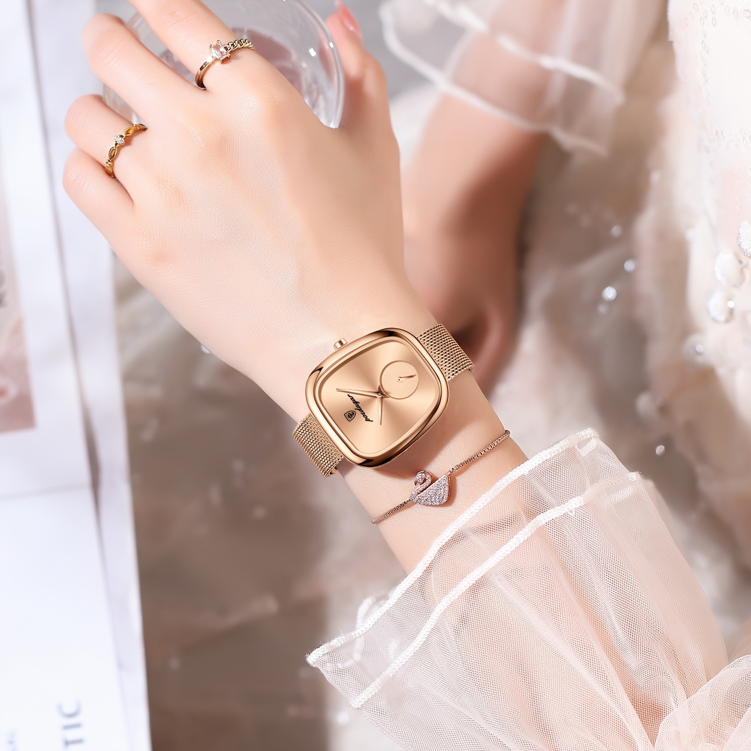 POEDAGAR Elegant Rozen Vierkant Horloge - Waterdicht Roestvrijstalen Mesh Band, Quartz Uurwerk Polshorloge met Zwarte Wijzerplaat & Rozen Wijzers, Geschikt voor Feesten, Casual & Zwemmen, 3ATM Tijdsmeter - Afbeelding 9