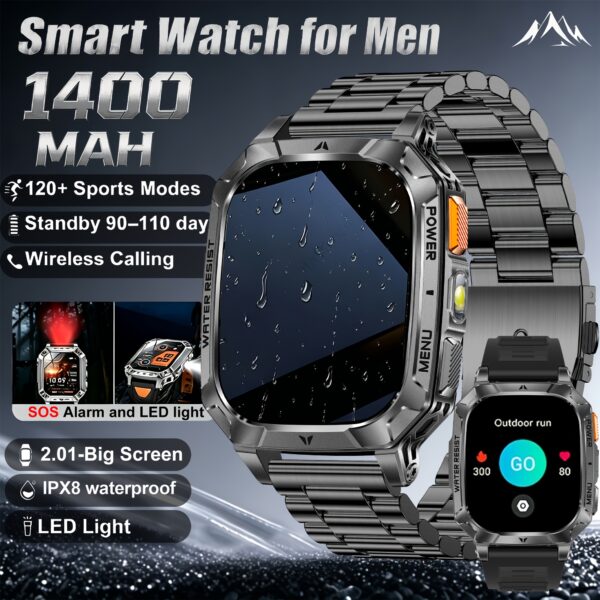 2026 Nieuwe Smartwatch, Ingebouwde 5 stuks Wijzerplaten, Duurzaam, 1400mAh Grote Capaciteit Batterij, Herenhorloge, 100 Dagen Ultra-Lange Standby, 2.01-Inch Full Touch HD Scherm, Heren Sport Fitness Horloge, IPX8 Waterdicht