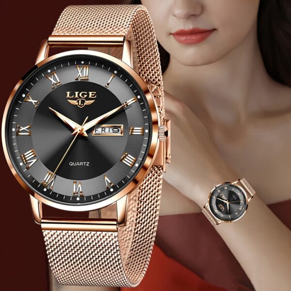 LIGE Dames Elegant Roestvrij Quartz Analoog Horloge met Datumkalender, Quartz Polshorloge Geschikt voor Dagelijks Gebruik - Tijdsmeter, Valentijnscadeau voor Vrouwen & Mannen (Merk)